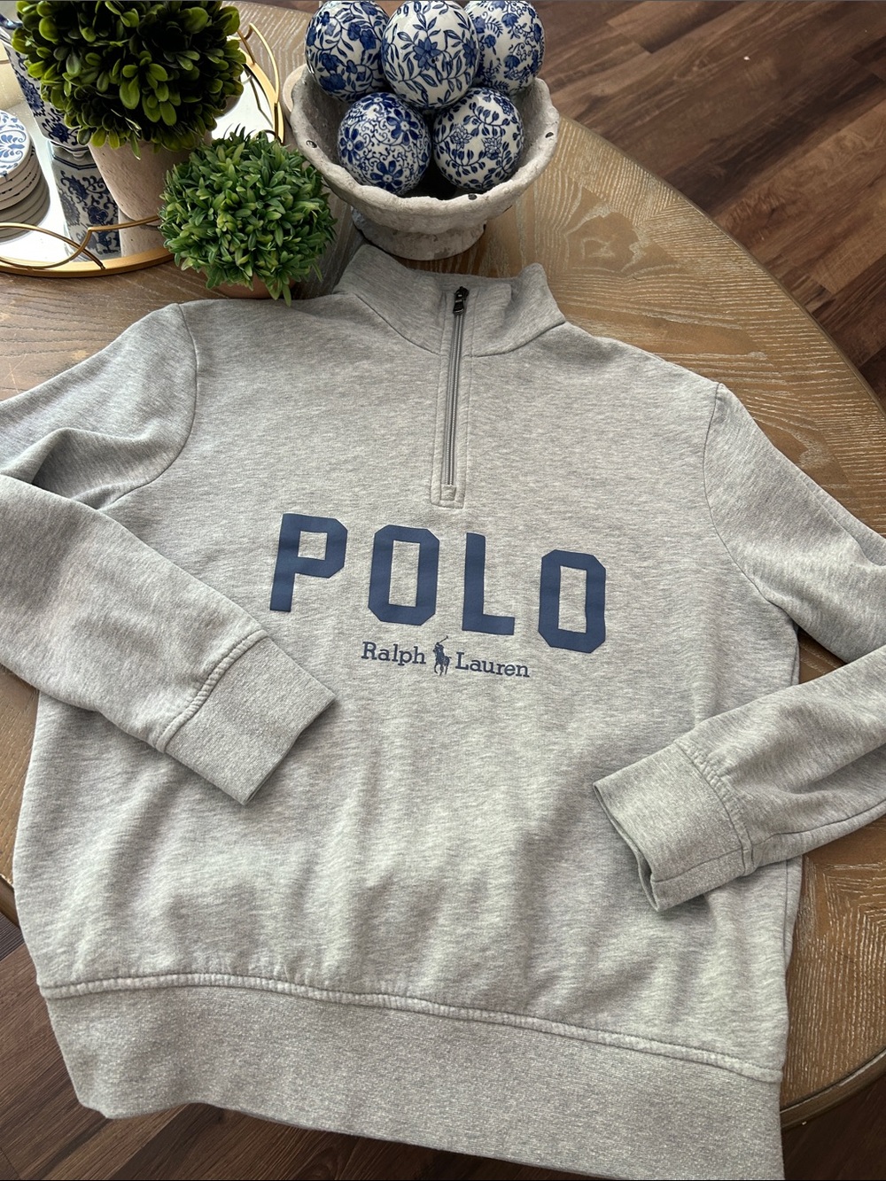 Ralph Lauren Polo Light Gray Quarter-Zip Sweatshirt with Navy POLO Logo